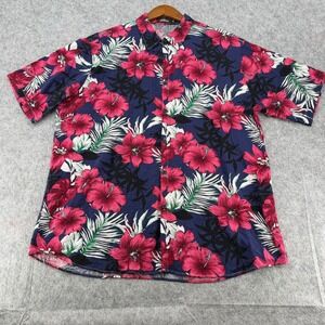 JOGAL Mens Hawaiian Shirt XXL Navy Pink Hibiscus Floral Tropical Button Down